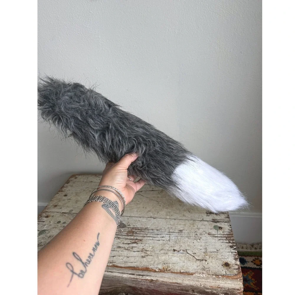 Grey White Faux Fur Animal Tail Costume Cosplay Accessory 21 Inch